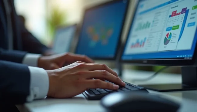 Manos navegando interfaz SAP Business One en computadora, profesional mexicano accediendo menú de informes financieros en estación de trabajo moderna.