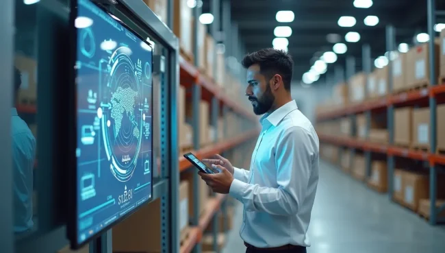 Centro de distribución moderno con sistema de trazabilidad digital y supervisor mexicano monitoreando flujo de productos mediante tecnología SAP.