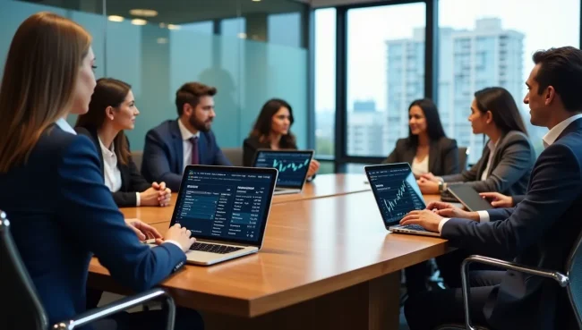 Equipo financiero mexicano colaborando en mesa de conferencias con laptops y tablets mostrando tablas de datos, sala de juntas corporativa moderna.