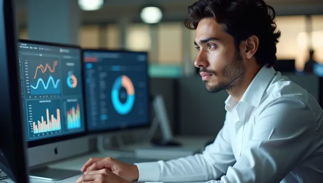 Analista de negocios mexicano usando opciones de filtrado avanzado en pantalla de computadora, múltiples monitores con visualización de datos financieros.