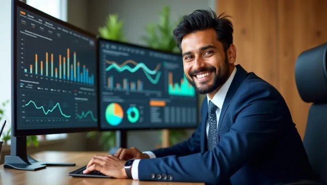 Analista de negocios mexicano revisando gráficos de rotación de inventarios en monitores duales, demostrando análisis detallado con SAP Business One.