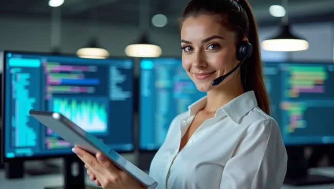 Especialista de soporte TI mexicana con tablet mostrando diagnósticos del sistema, representando solución eficiente de problemas de configuración.