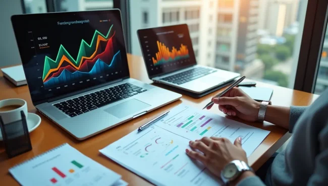 Vista superior de escritorio ejecutivo con laptop mostrando métricas de éxito financiero y gráficos ascendentes de rendimiento empresarial mejorado.