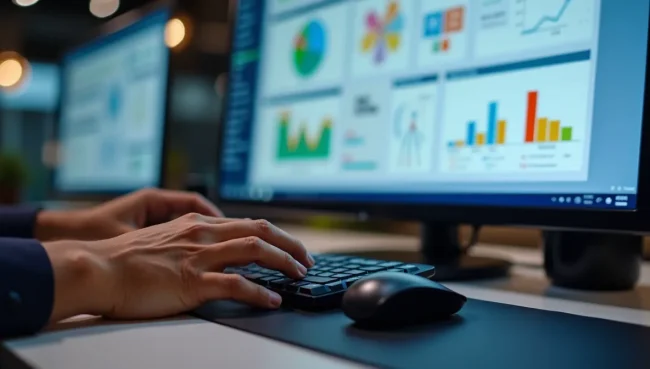 Monitor mostrando informes personalizados de SAP con dashboards y visualizaciones de datos, ilustrando capacidades de reporteo adaptable del sistema.