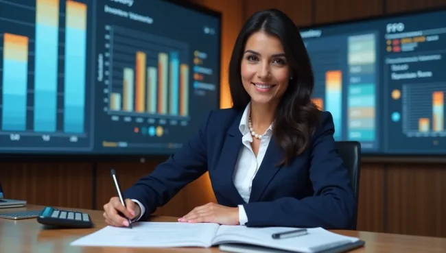 Controladora financiera mexicana analizando métodos de valorización de inventario con documentos y gráficos de costos en pantallas de oficina moderna.