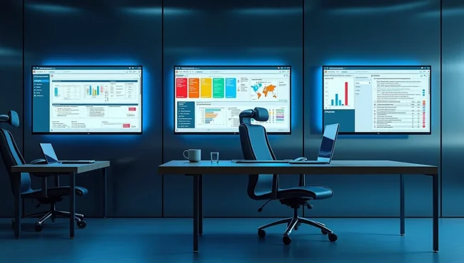 Visualización del flujo de automatización del cierre contable en monitores.