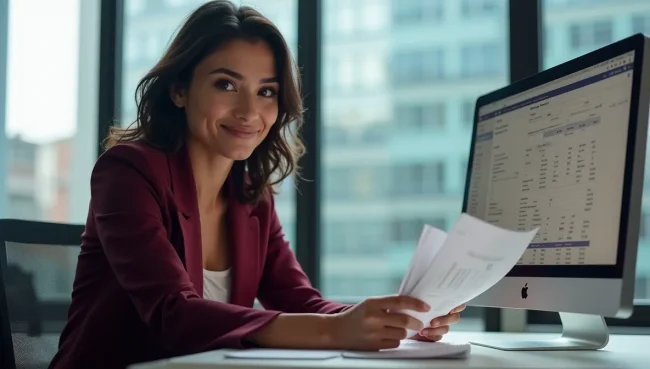 Contadora mexicana realizando conciliaciones bancarias en una oficina.