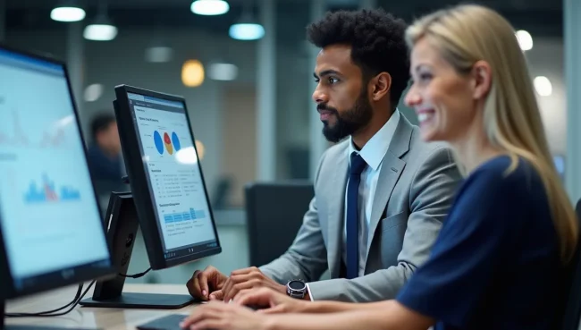 Profesionales financieros conciliando cuentas de clientes y proveedores.