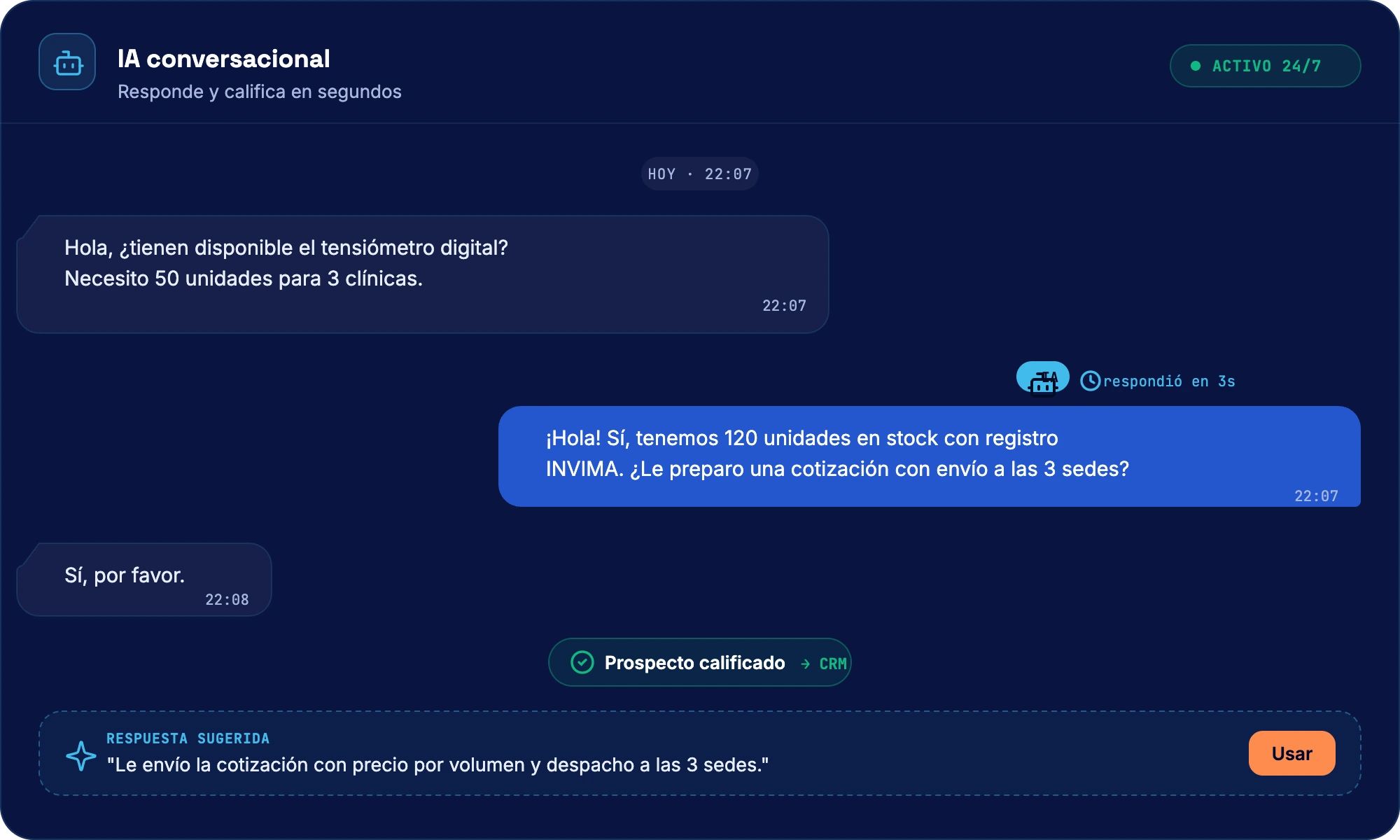 IA conversacional de Aventi respondiendo y calificando a un prospecto por WhatsApp en segundos (datos de ejemplo).